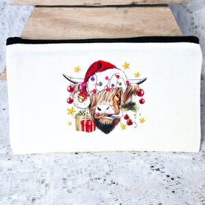 NEW SMALL CANVAS ZIPPER POUCH, COSMETIC BAG, CHRISTMAS DECORATED HIGHLAND COW 8"